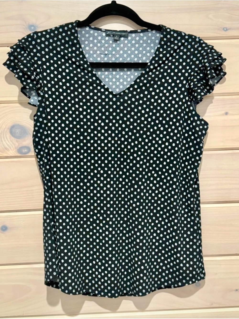 Adrianna Papell Black V-Neck Polka Dot Ruffle Sleeve Top